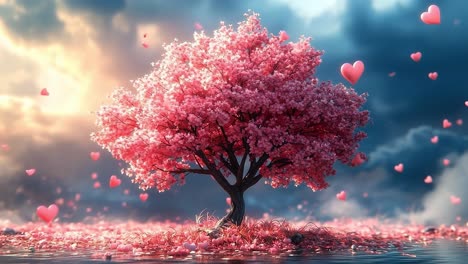cherry blossom tree surrounded by hearts. a vibrant cherry blossom tree stands in a serene landscape, surrounded by floating hearts and soft light at dusk.