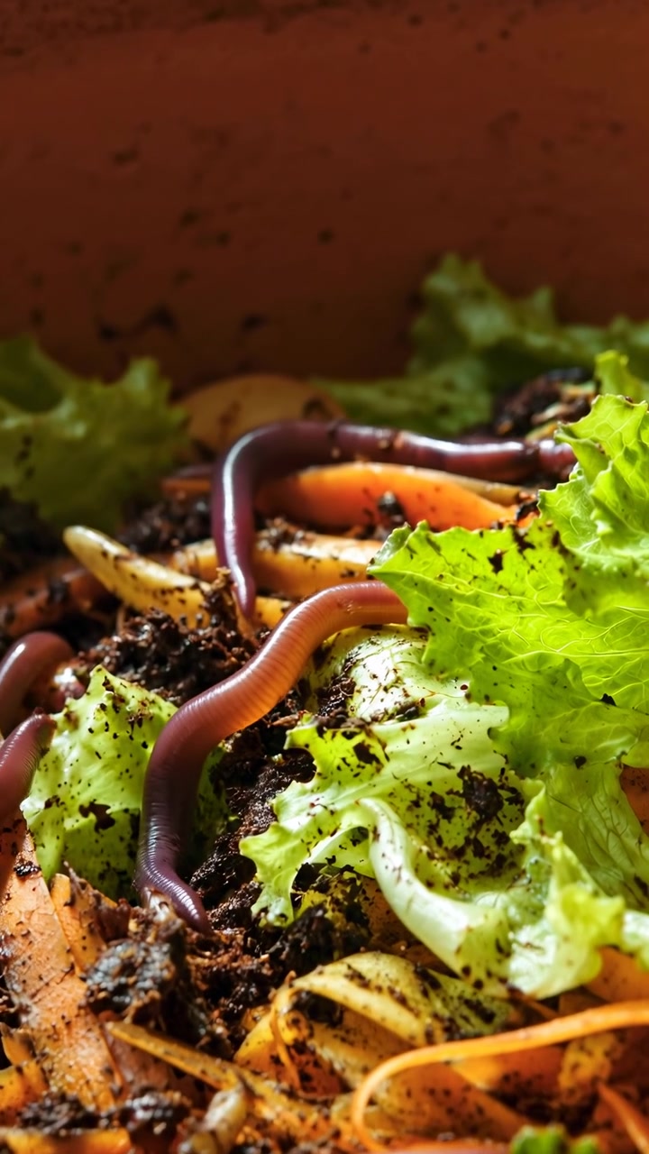 Several earthworms slowly crawl over decomposing plant matter, damp soil and fresh green leaves, their glossy bodies bending and stretching through a close-up composting environment.