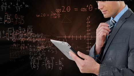 Animation-of-data-processing-and-mathematical-equations-over-businessman-using-tablet