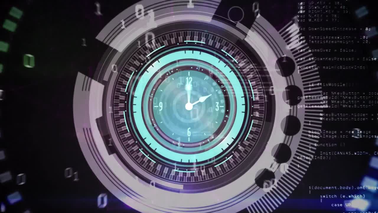 Animation of clock, scope scanning and binary coding, data processing