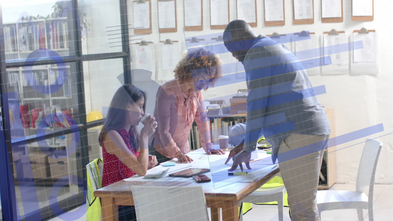Animation of graphs and loading circles over diverse coworkers discussing blueprint in office