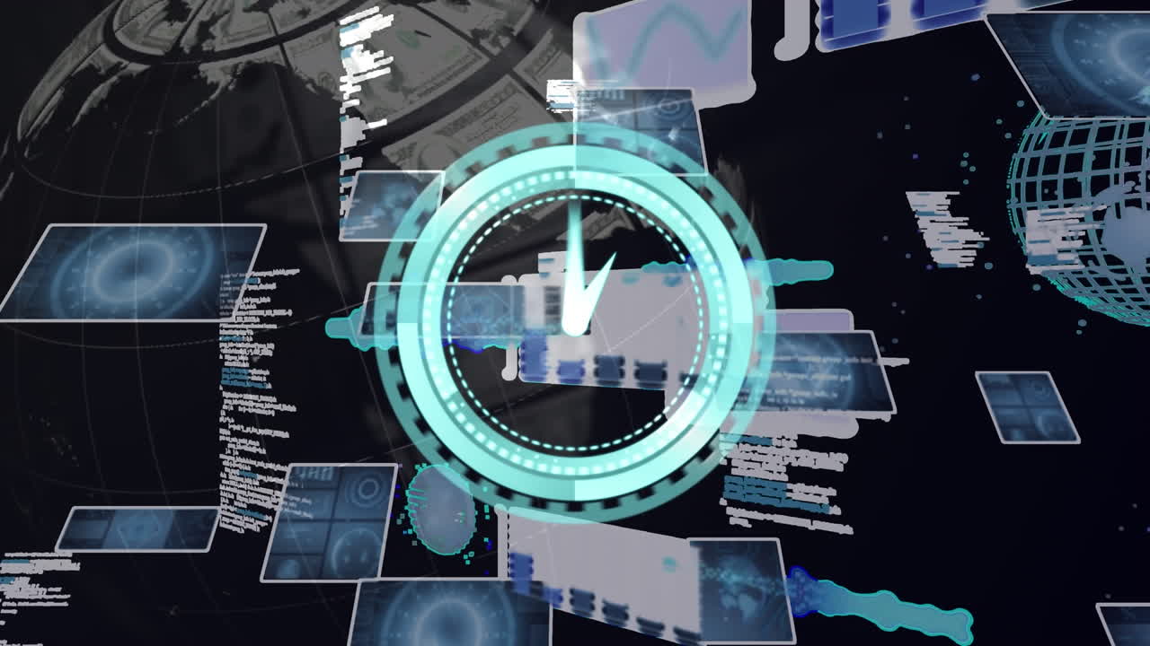 Animation of clock and rotating globe of dollars over interfaces with processing data on black