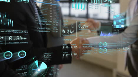 animation of financial data processing over diverse business people shaking hands in office