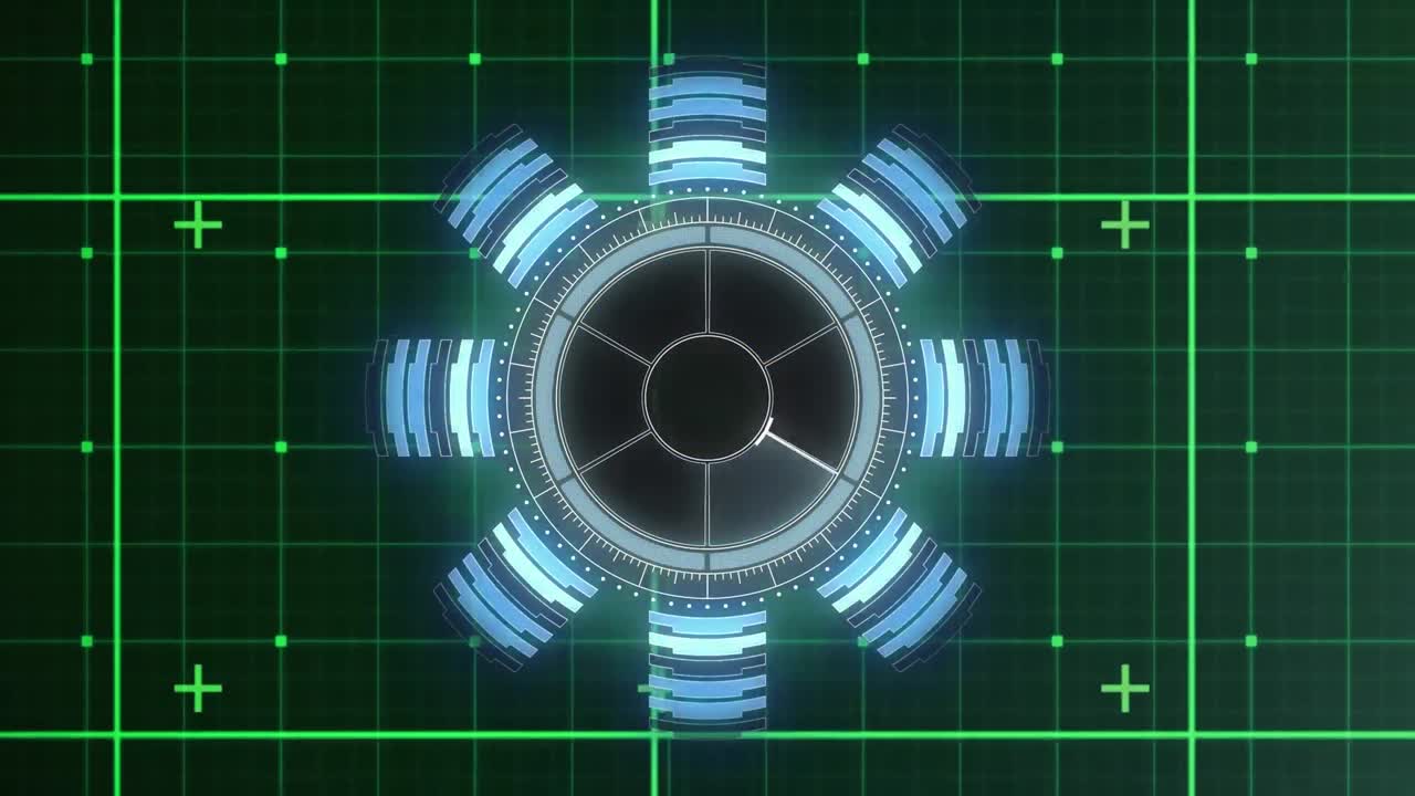 녹색 배경에 대한 그리드 네트워크에서 회전하는 네온 둥근 스캐너의 애니메이션