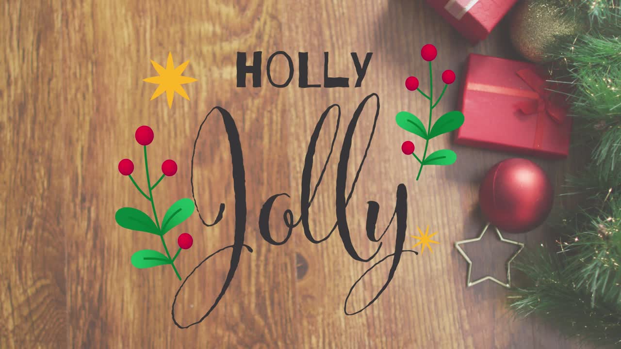 Animasjon av teksten "Holly Jolly" over juledekorasjon