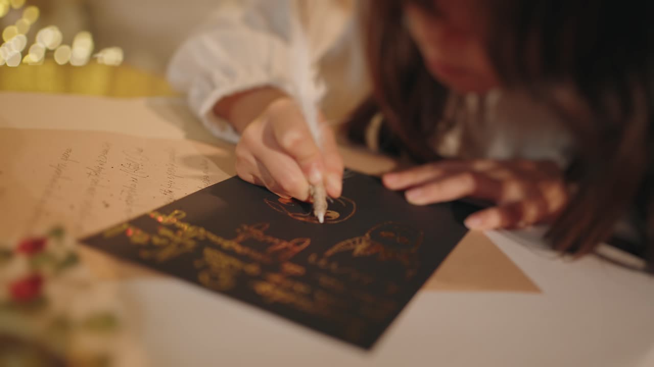 Girl Writing a Christmas Letter with Gold Calligraphy
