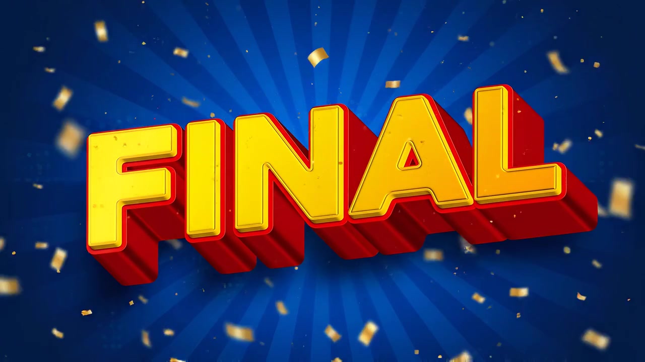 Large final title animation with golden lettering on blue background and confetti