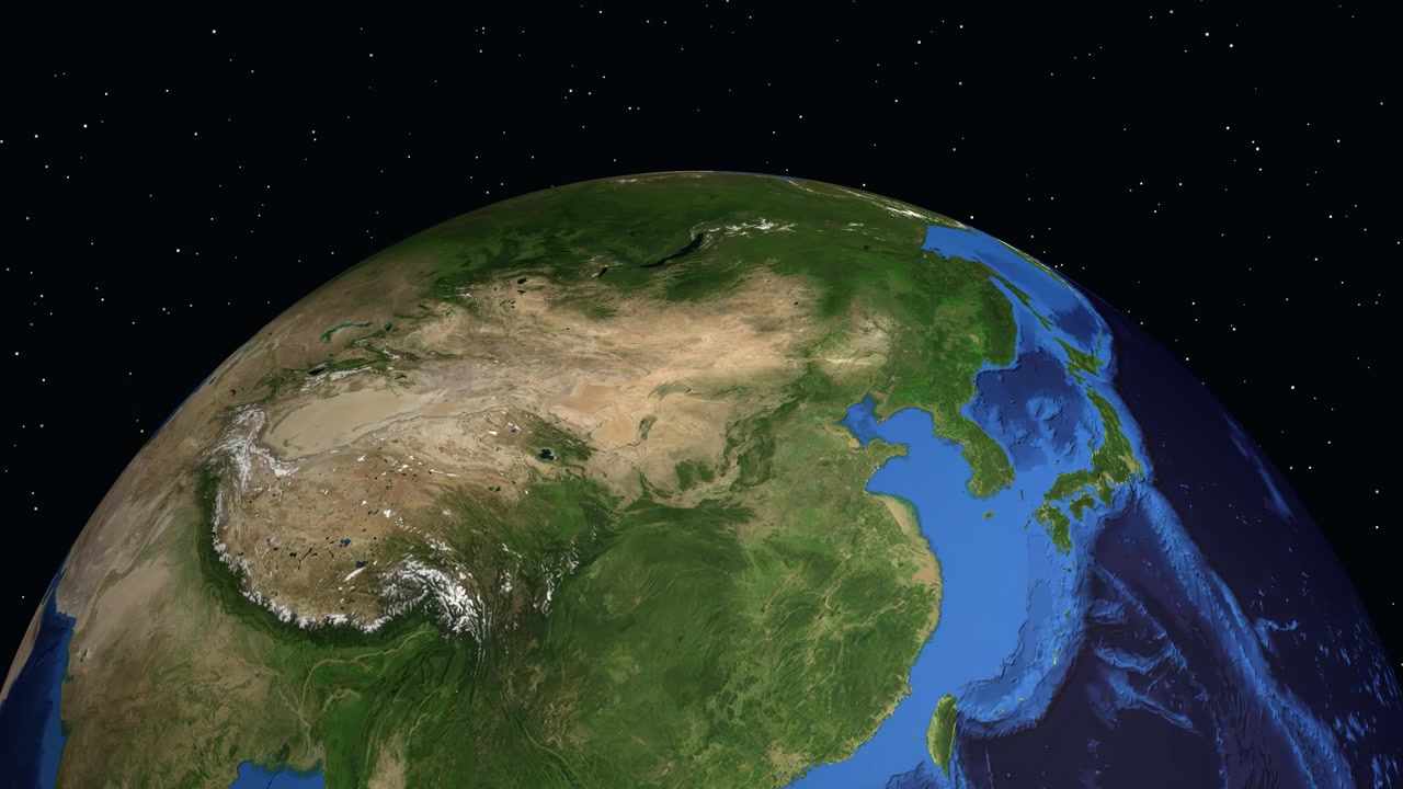 Una Terra 3D rotante ingrandisce su Baotou, Cina, mostrando un indicatore di posizione e informazioni demografiche.