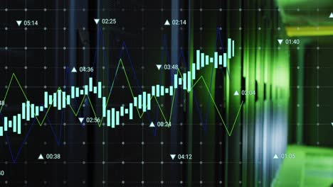 Animation-Mehrerer-Diagramme-Mit-Wechselnden-Zahlen-über-Datenserver-Racks-Im-Serverraum