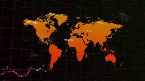 Animation-of-financial-data-processing-and-world-map-over-grid-network-against-black-background