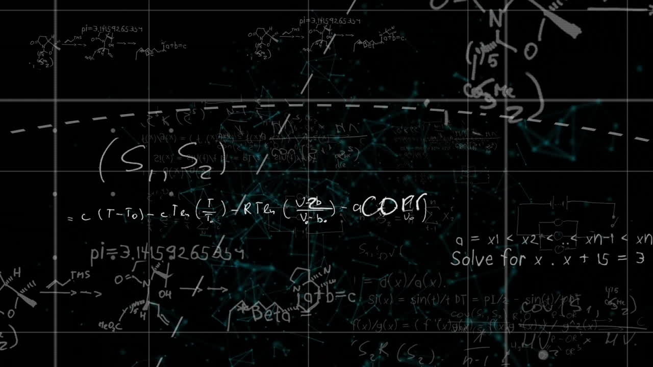 Animation of mathematical equations overlaying digital background in school setting