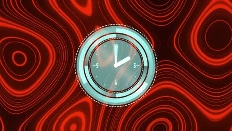 Animation-of-neon-ticking-clock-over-kaleidoscopic-pattern-against-red-background
