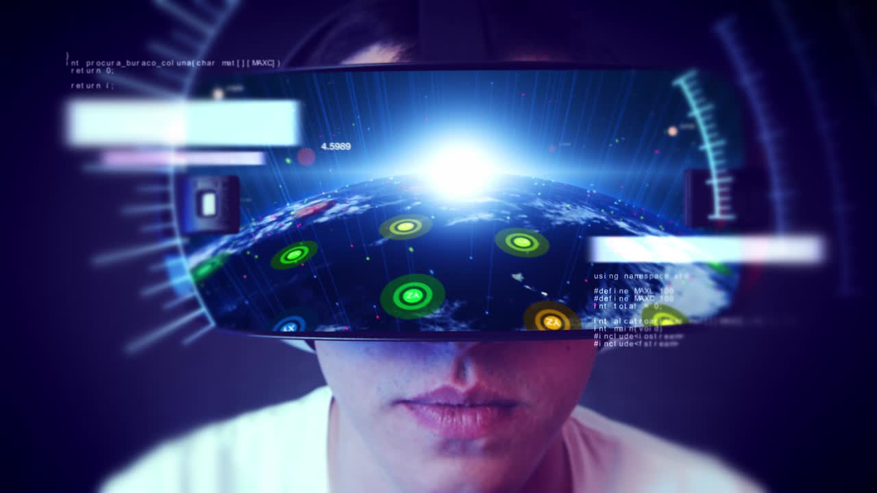 un bel giovane che indossa un auricolare vr e sperimenta la realtà virtuale.