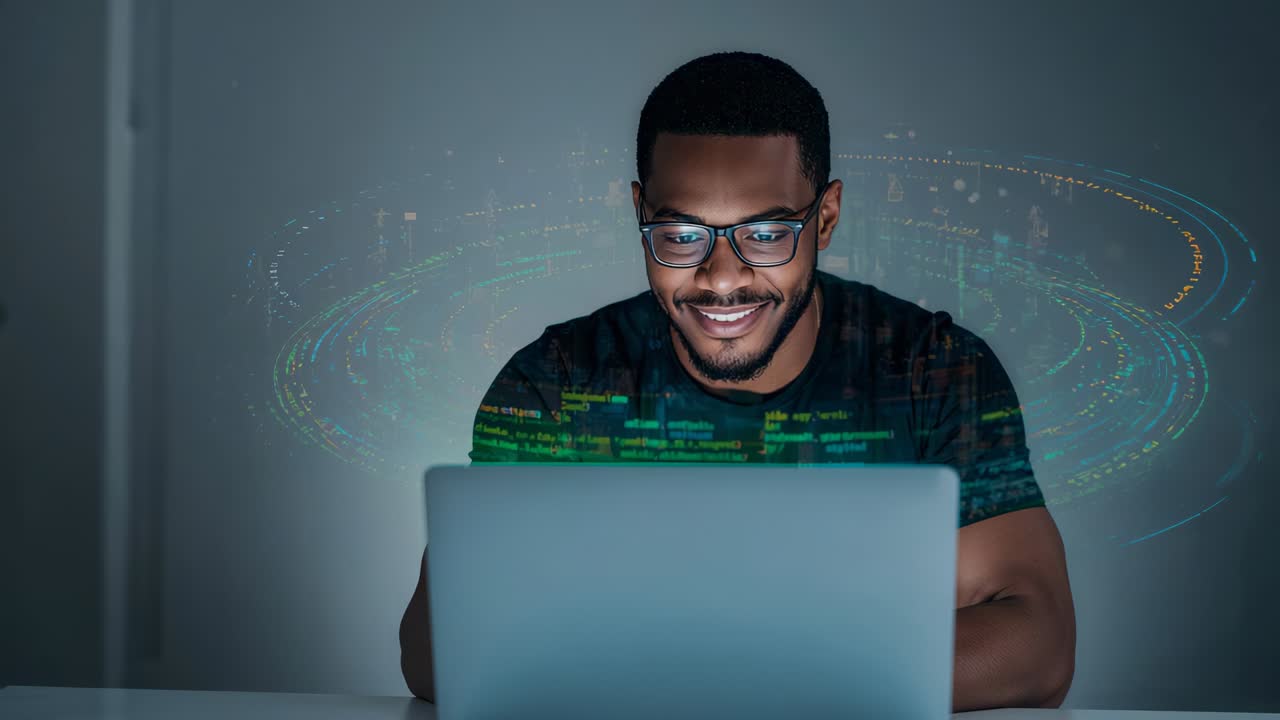 Holo rings appearing, man wearing glasses dark tee focusing on laptop analyzing data in home office