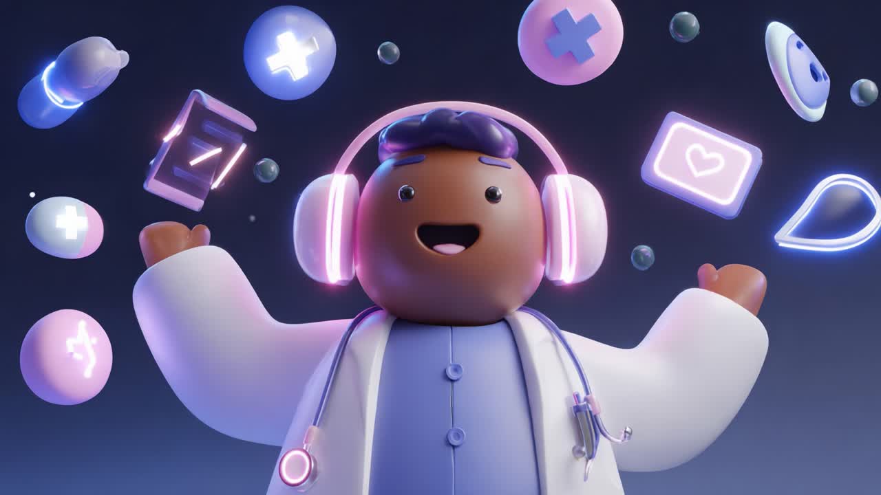 A cheerful, cartoon-style character adorned with headphones interacts with floating medical and playful icons, representing a blend of healthcare and modern technology with a vibrant design