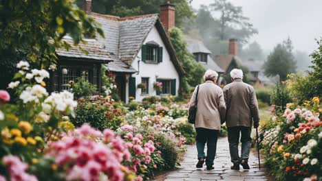 elderly couple walking through a beautiful garden village