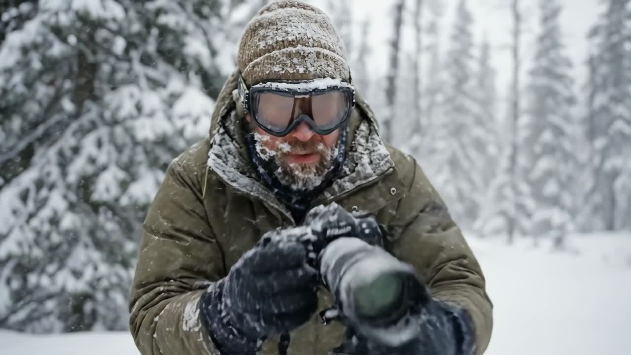 Fotografo che modifica la camera in una foresta innevata in inverno