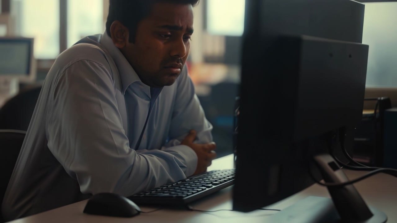Sitzender Mann hält seinen Blick auf einen großen Monitor gerichtet, leicht vorgebeugt mit verschränkten Armen, während sanftes Fensterlicht eine Tastatur, Maus, Schreibtischoberfläche und verschwommene Büromöbel enthüllt