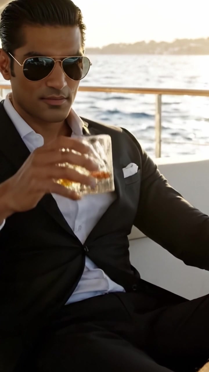 Hombre elegante disfrutando de una bebida fina en un yate de lujo al atardecer, mostrando sofisticación y ocio en un sereno entorno marítimo