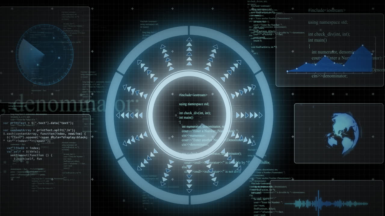 Animation of data processing with scope scanning on black background