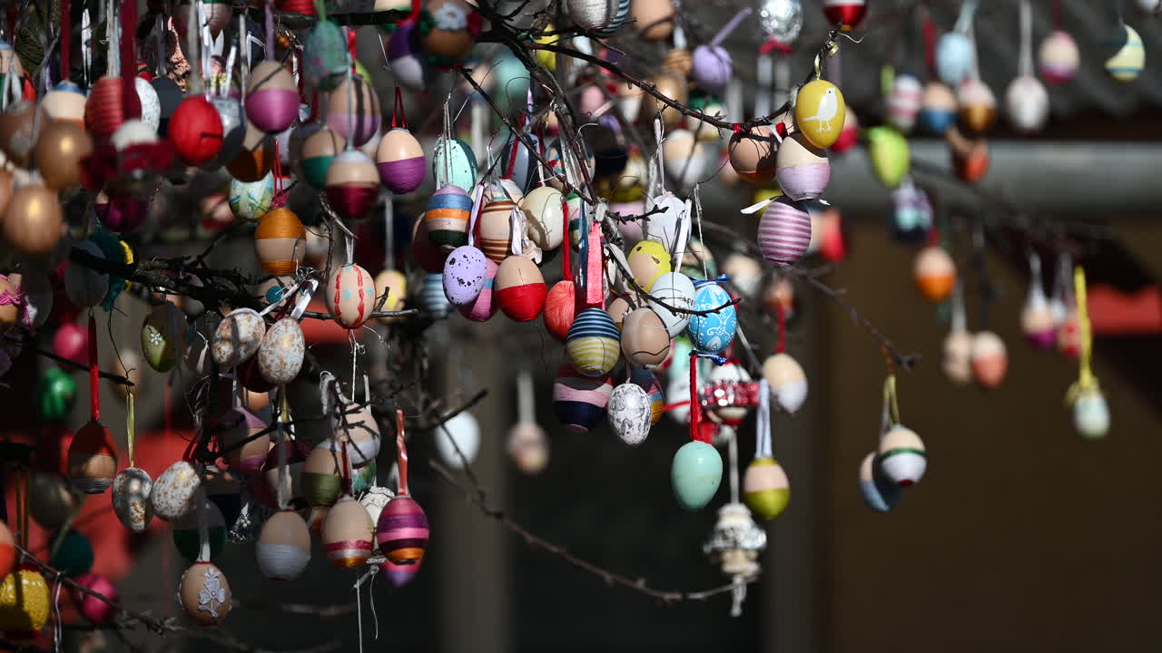 Detailed view of Easter egg tree with handcrafted decorations