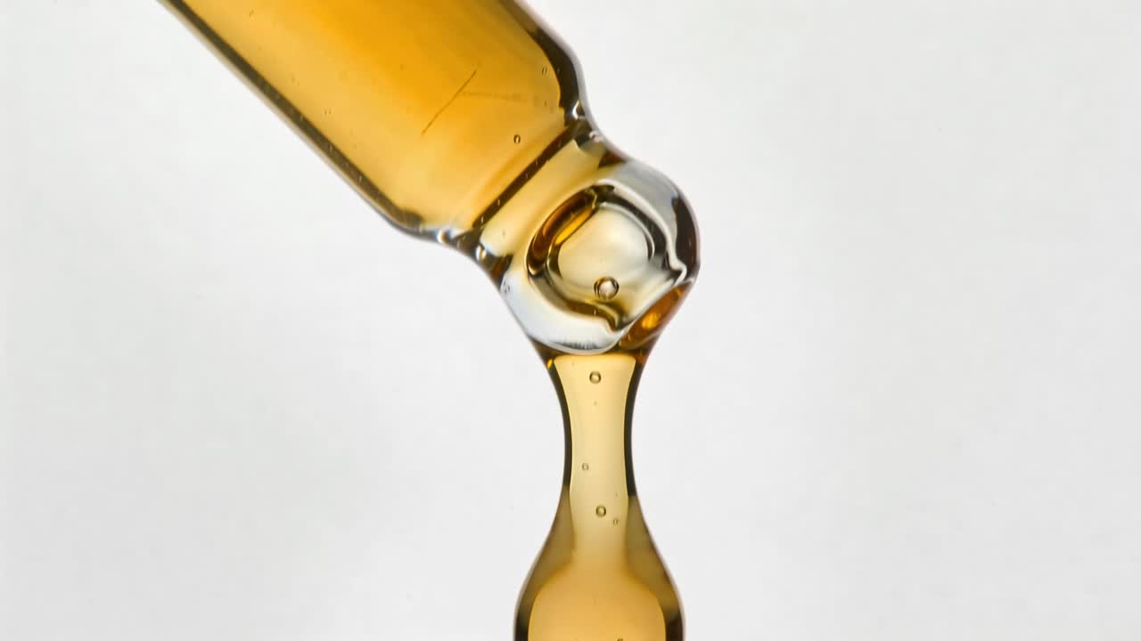 Dispensing glass dropper tip releasing amber viscous liquid in white backdrop, showing bubbles