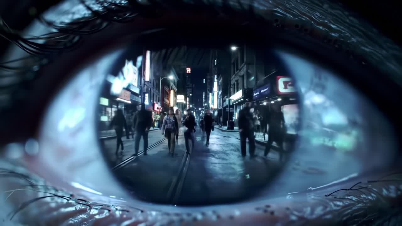 A Unique Perspective: A Close-Up View of an Eye Reflecting a Lively Urban Scene at Night, Highlighting the Intersection of Humanity and Observation