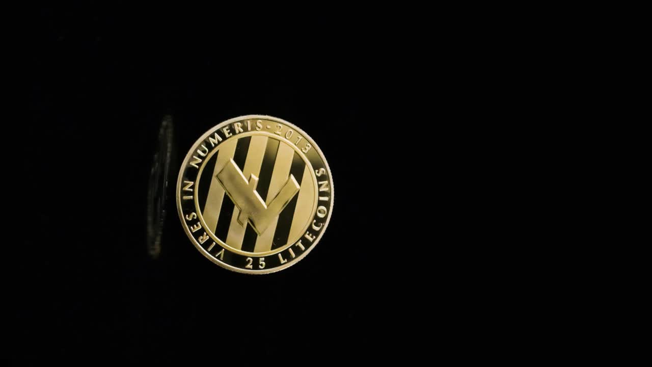 라이트코인의 세로 비디오 실제 동전이 검은색 표면에서 회전하고 동전 반사