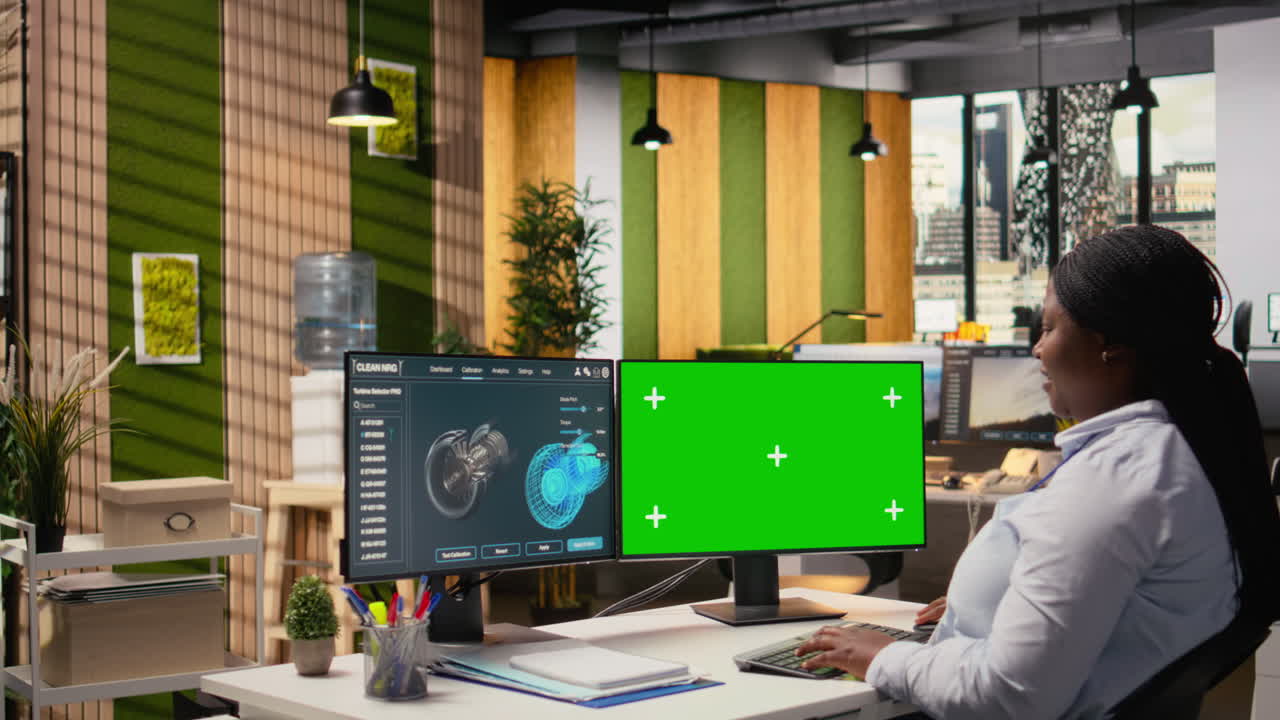 Ricercatore analizza componenti di turbina su PC con schermo chroma key per massimizzare la sostenibilità