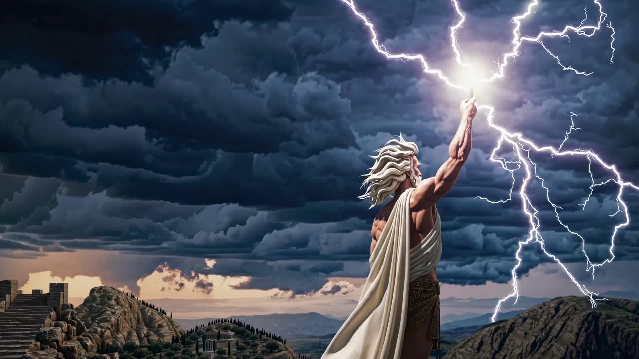 Concetto video epico di una figura mitologica che evoca fulmini