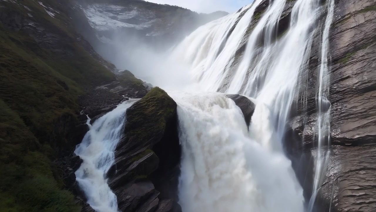 Imponente Cachoeira Alpina Despenhando-se Sobre Penhascos, Névoa Densa e Borrifo Estrondoso, Paredes Rochosas Íngremes com Musgo
