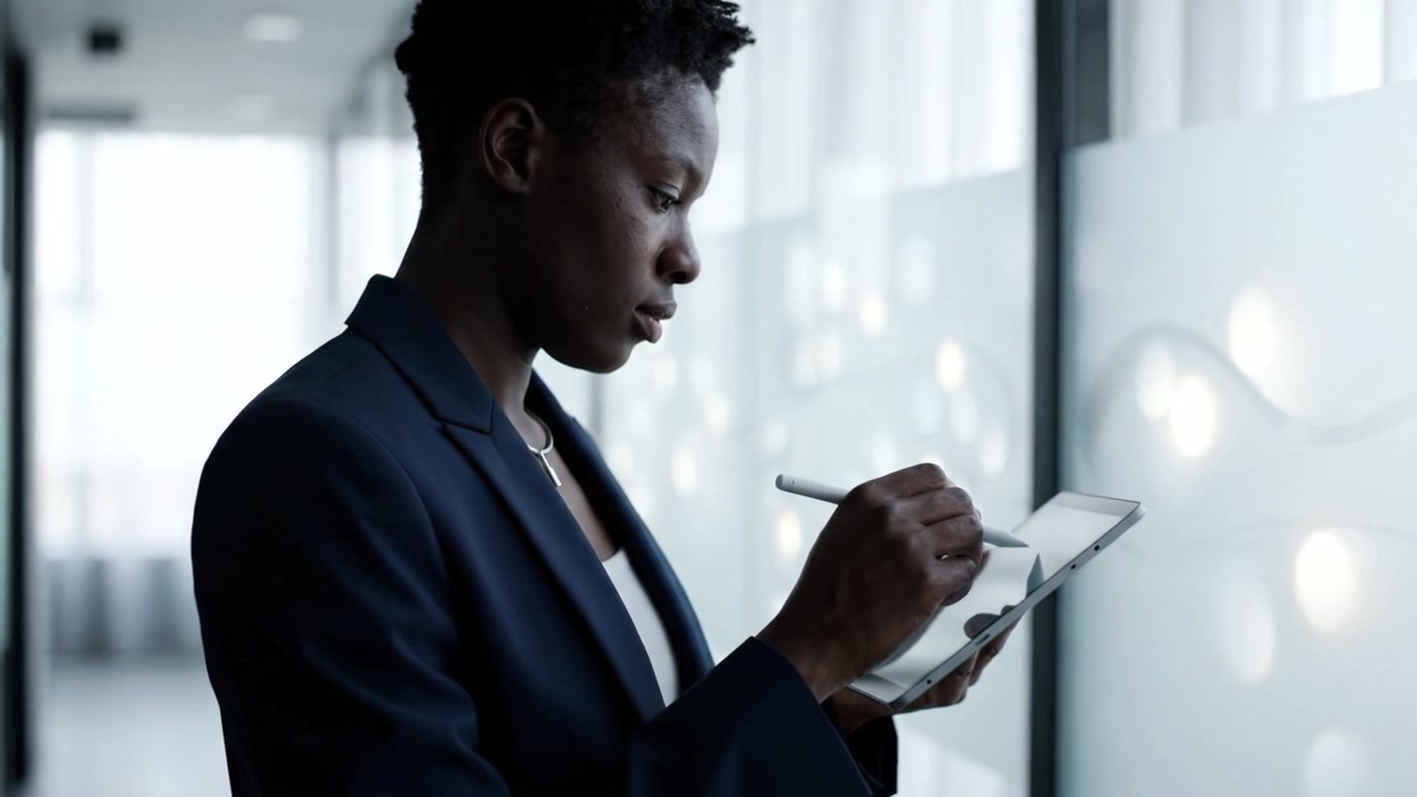 Professional Woman Using Tablet to Create Digital Content in Modern Office Environment, Engaged in Innovative Work with Stylus Pen and Focused Expression