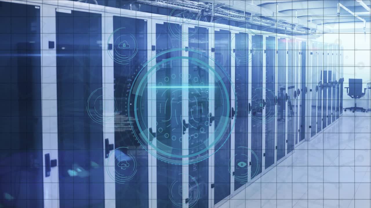 Digital security HUD popping up on DATA PROTECTION text, forming rings, scanning fingerprint