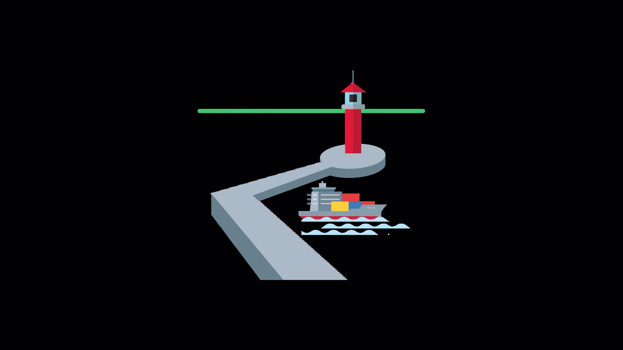 Animated Lighthouse and Cargo Ship Passing by a Pier