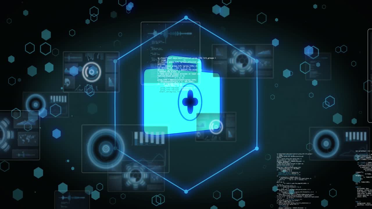 검은 바탕에 데이터 처리 및 의료 키트의 애니메이션