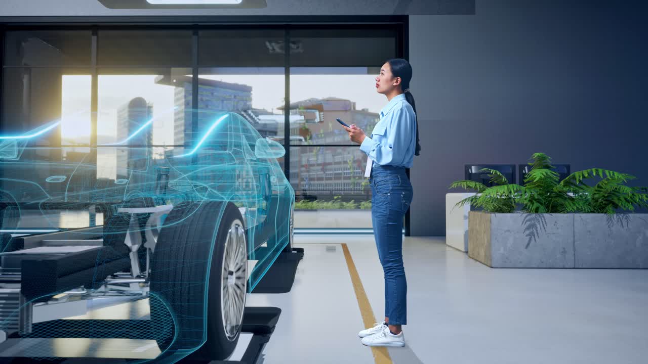 Donna che revisiona un design di auto virtuale in un moderno ambiente d'ufficio.
