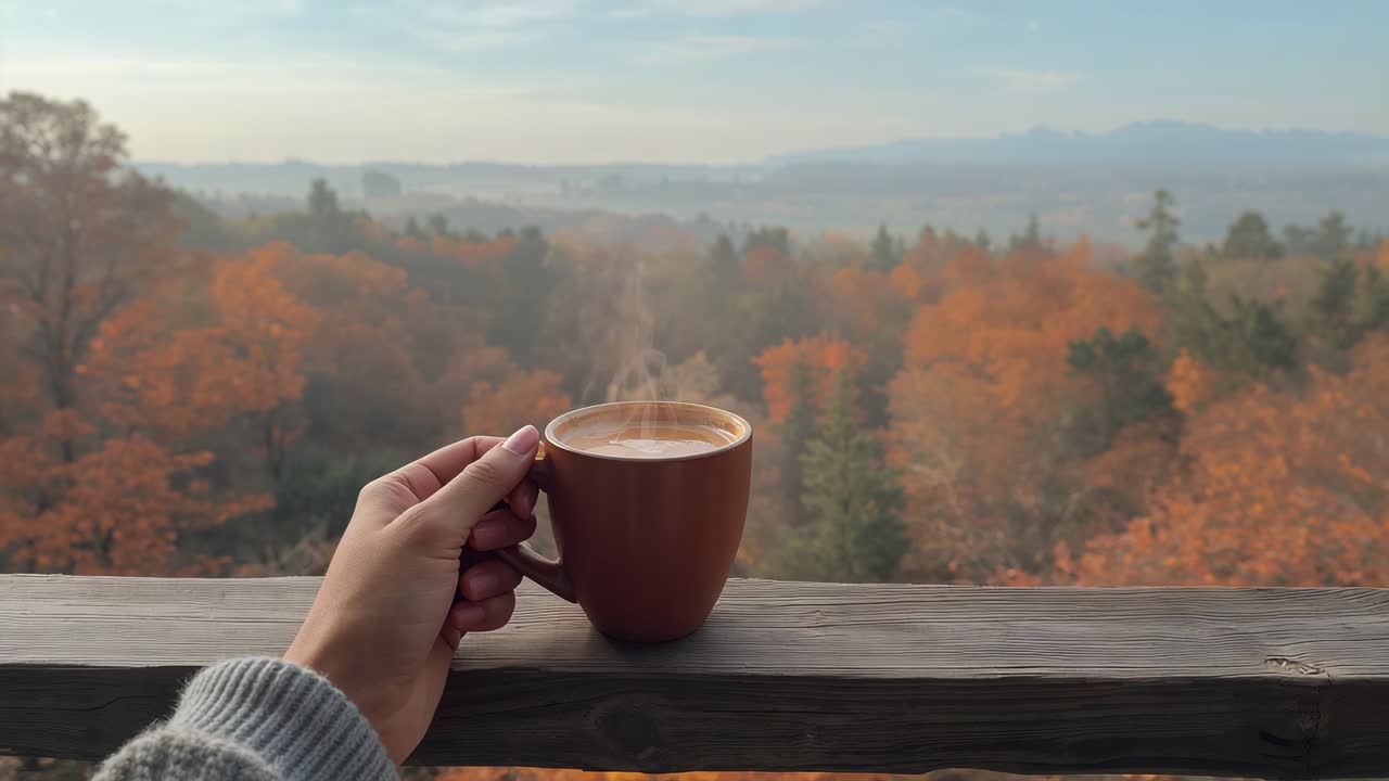 Reaching from left, hand in gray sweater steadying brown mug on railing over valley warming hands