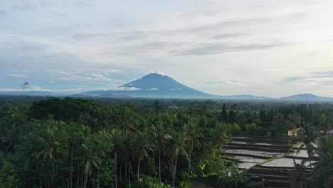 Großer-Vulkan-Am-Horizont-Mit-Blick-Auf-Die-Kokospalmen-Des-Tropischen-Dschungels,-Aus-Der-Luft