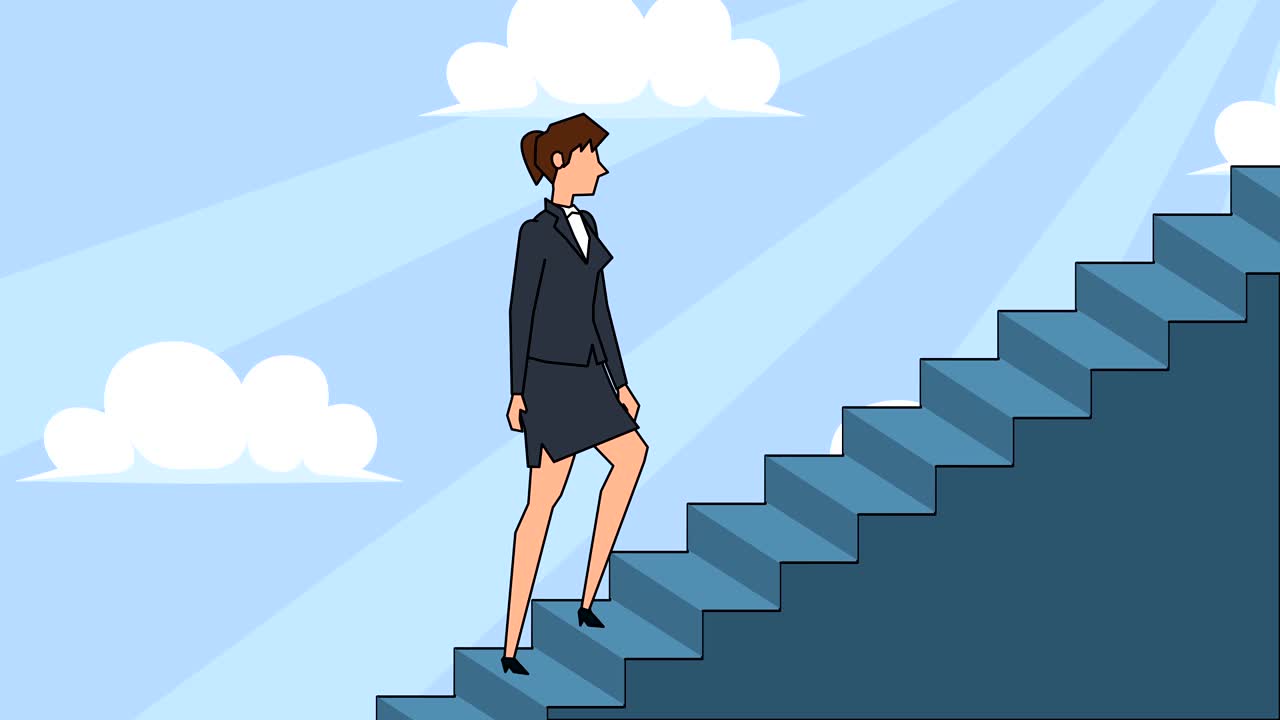 el personaje de la mujer de negocios de dibujos animados sube las escaleras de la carrera. animación conceptual.