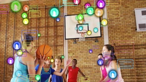 in school, children playing basketball with animation of social media icons floating