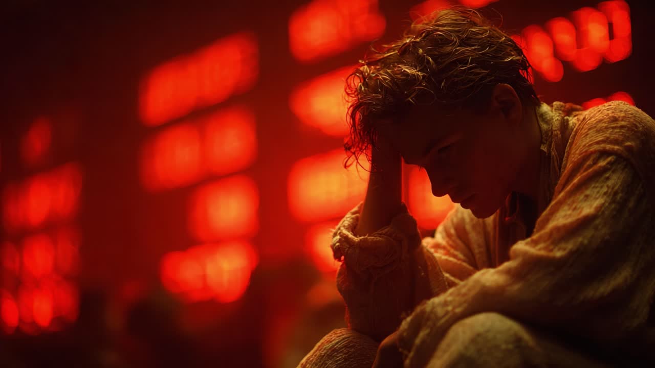 A contemplative moment captured in a striking, atmospheric scene, showcasing deep emotions against a vivid, red backdrop with illuminated text creating a compelling visual narrative