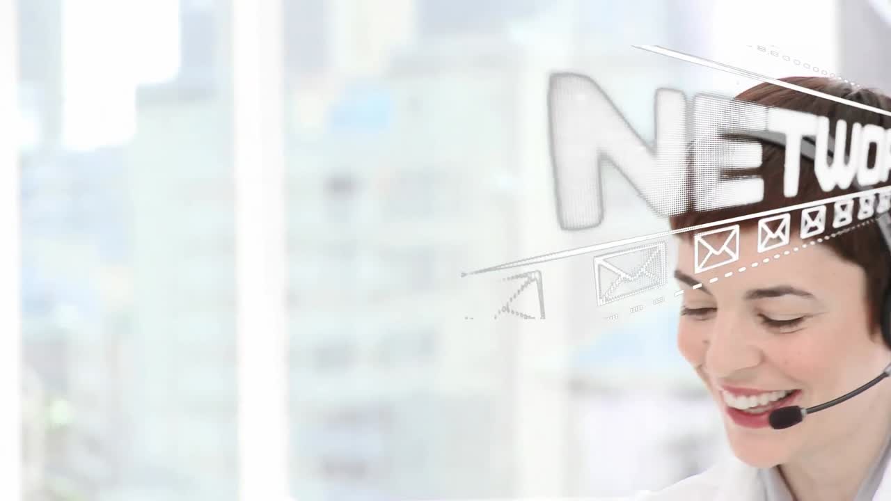 Animation of over networking text businesswoman using phone headsets