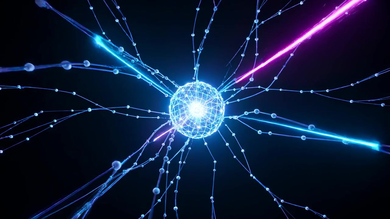 Sfera a rete con nucleo pulsante che brilla nel vuoto mentre strisce magenta e ciano si muovono lungo filamenti convergenti
