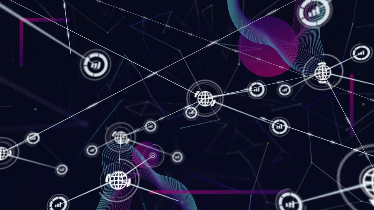 animación de la red de conexiones con iconos de globo sobre fondo oscuro