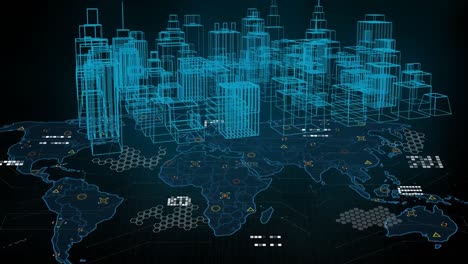 animation of digital city over world map with data processing on black background