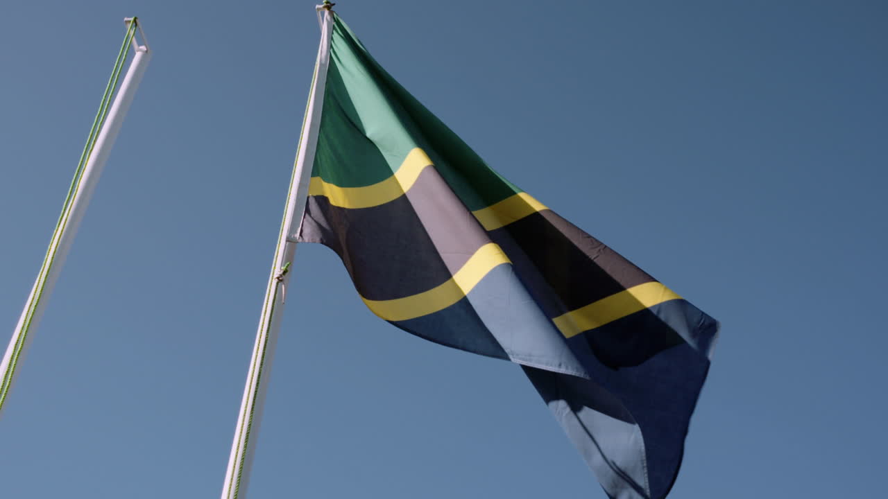 Bandiera della Tanzania che sventola al vento. Slow motion
