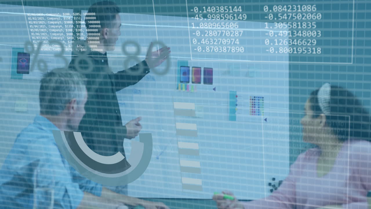 presentación de datos y gráficos, equipo de negocios en una reunión con superposición de animación digital