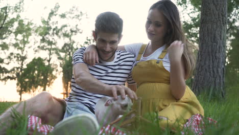 couple having a picnic with their dog in a park
