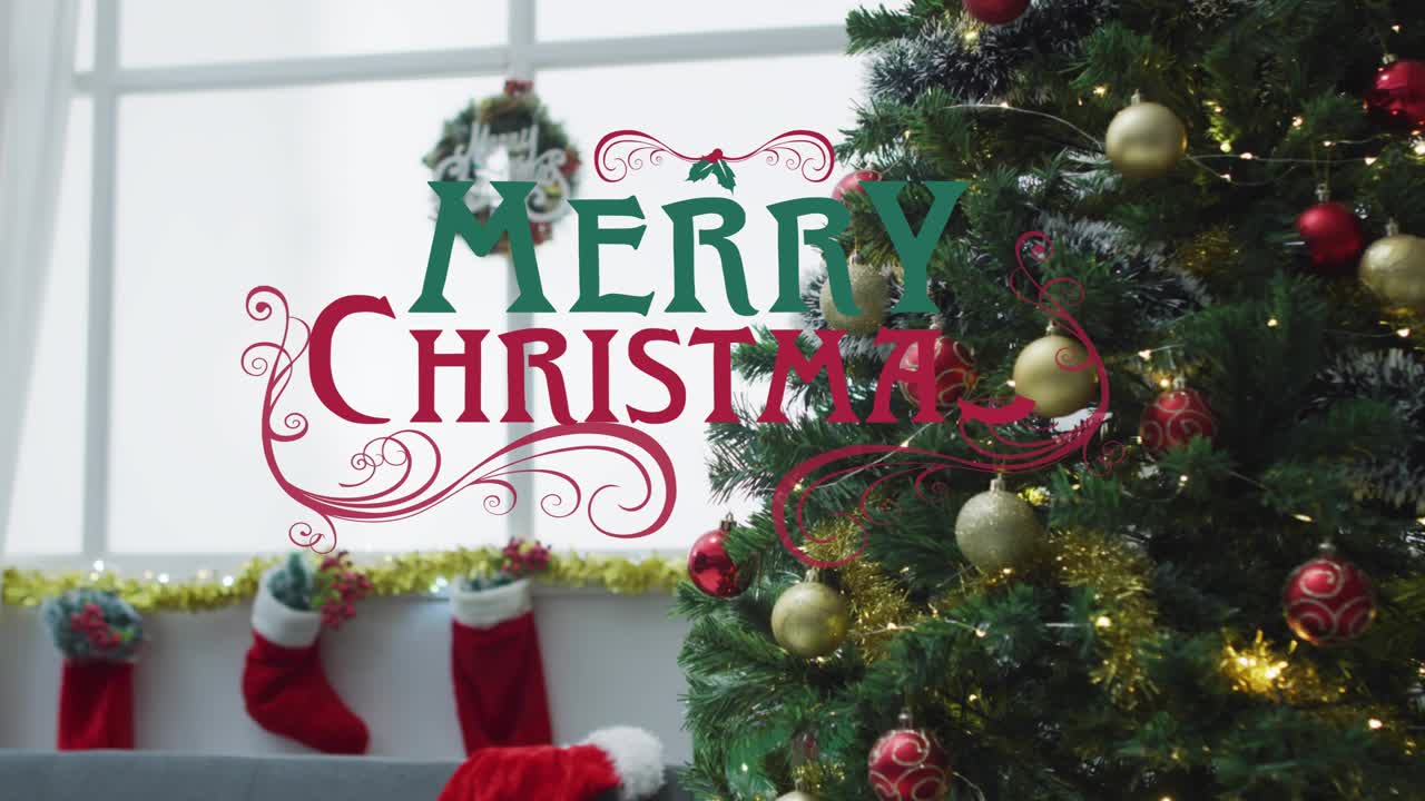 On start animated Merry Christmas greeting fading settling shifting left over tree presenting