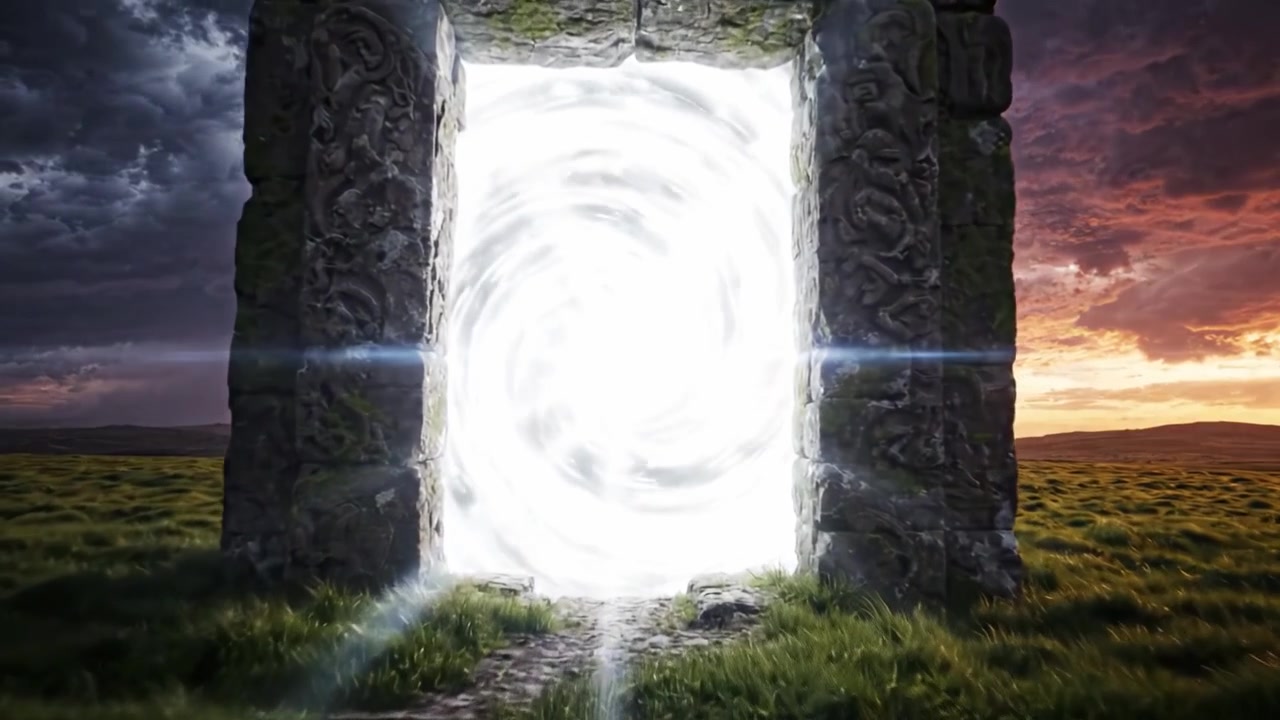 Un portale misterioso attende: un viaggio visivo attraverso un antico arco in pietra, che conduce in un vortice cosmico di luce e potenziale